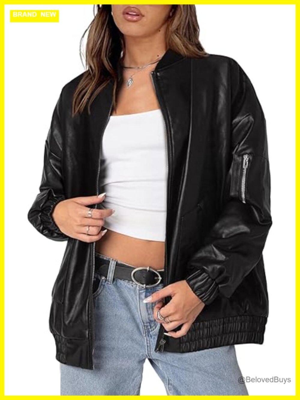 Oversized Faux Leather Motorcycle Bomber Jacket with Zip Up Closure